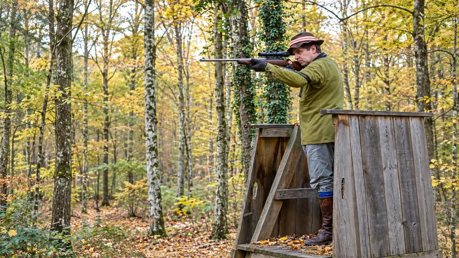 A hunter on a wooden high seat in an autumn beech forest