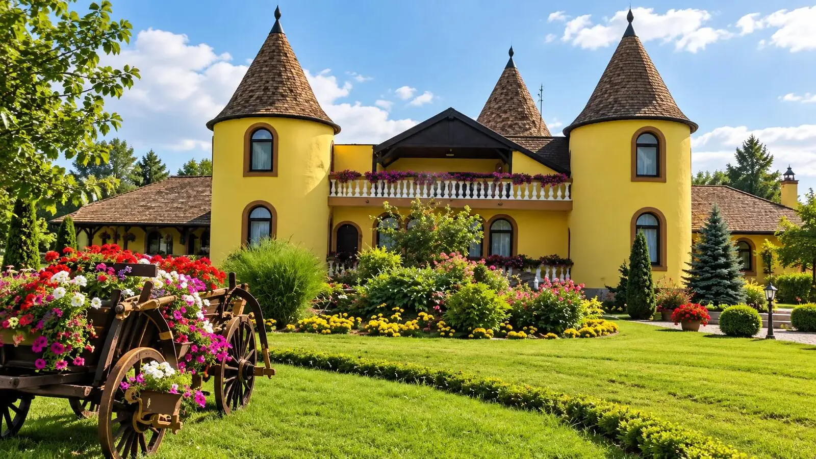 A yellow manor house with two round towers and a flower garden