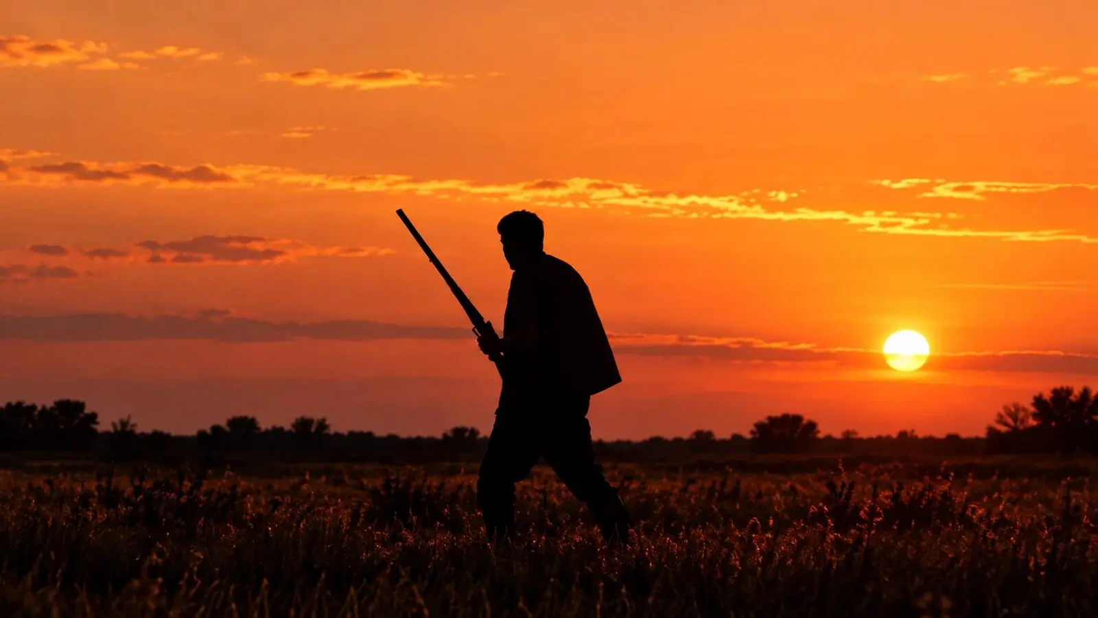 The silhouette of a hunter crossing a field at sunset